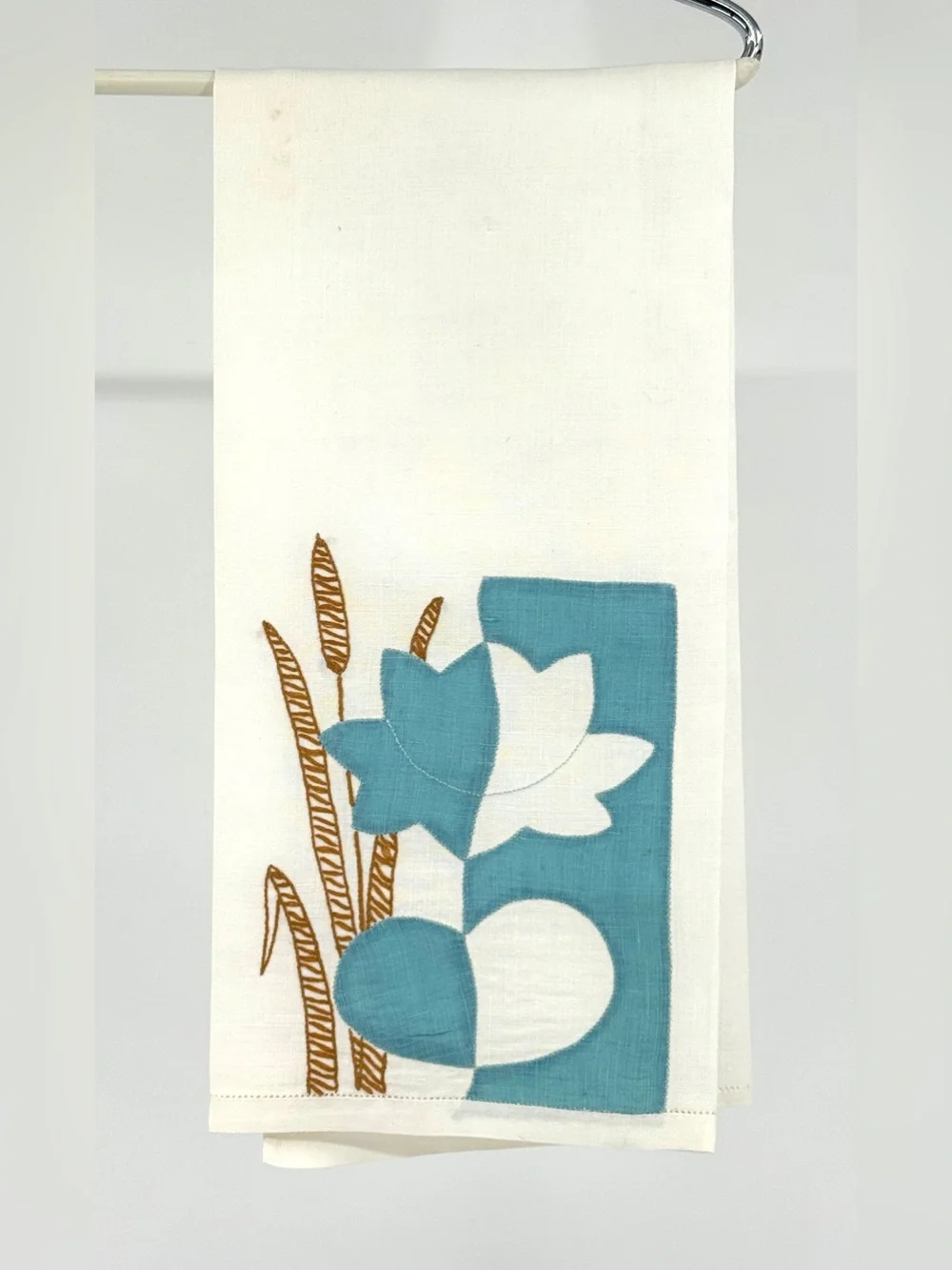 Vintage set of mid-century modern hand appliqué linen cotton tea towels
